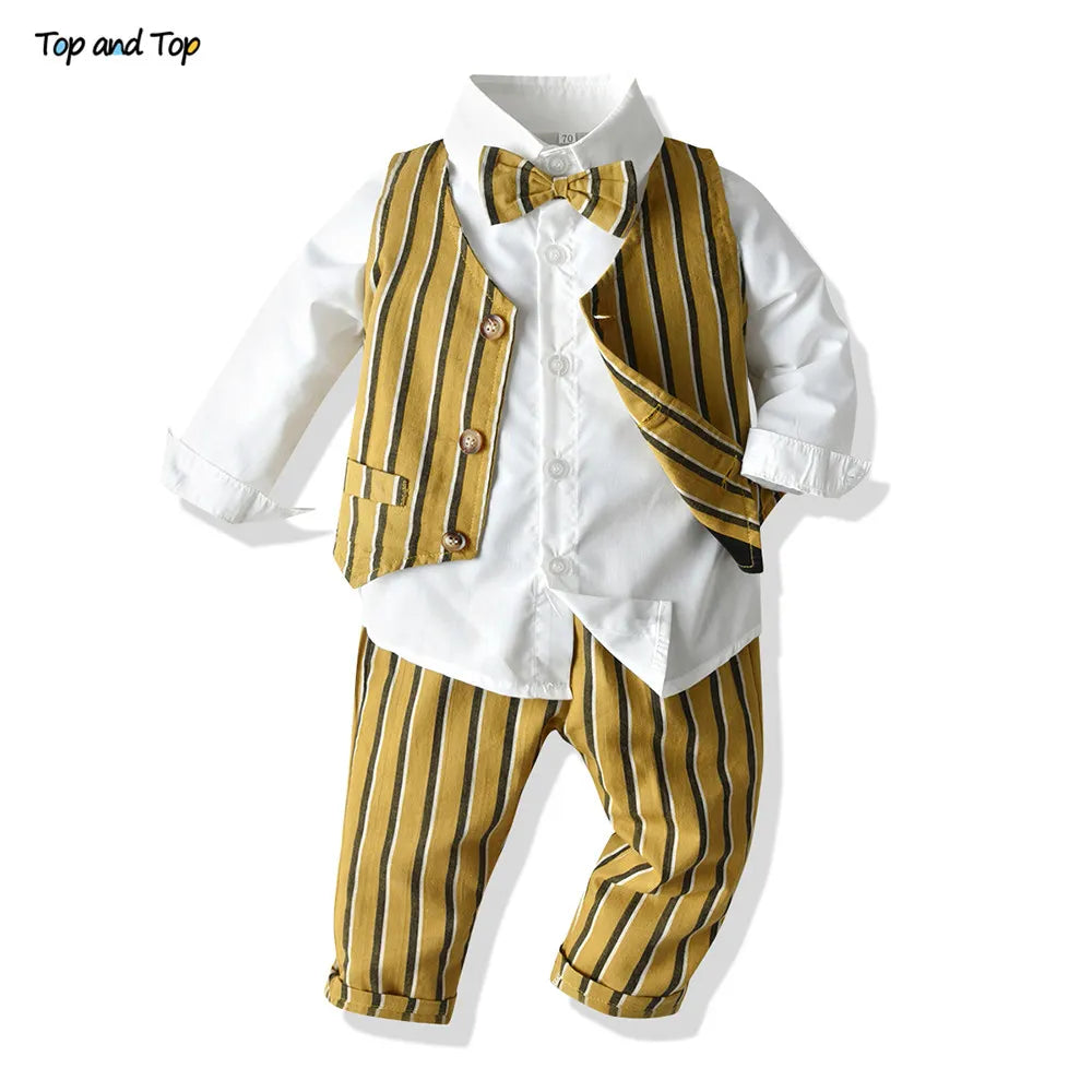 Top and Top Boys Gentleman Clothing Set Cotton Long Sleeve Bowtie Shirt+Waistcoat+Pants 3Pcs Suit Kids Boy Casual Clothes Set Khaki