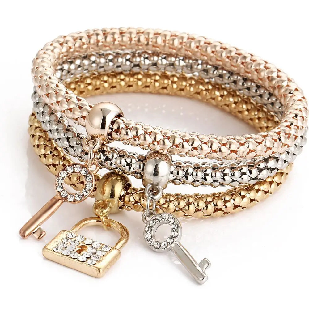 3Colors/Lot Tree Of Life Elastic Bracelet Set For Women Crystal Owl Key Lock Music Note Butterfly Heart Charm Bangle Jewelry Key and lock
