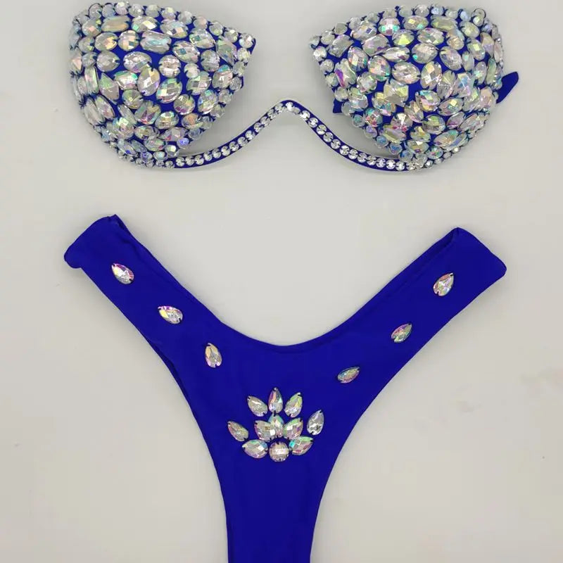 Diamond bikini crystal bikini swimwear plus sizes bikini rhinestone bikini swimsuit sexy beachwear biquini BLUE