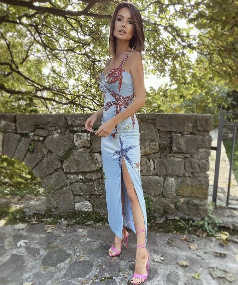 Women Summer Sexy Sleeveless Backless Blue Sequins Glitter Beading Midi Bodycon Dress 2021 Designer Evening Party Dress Vestido