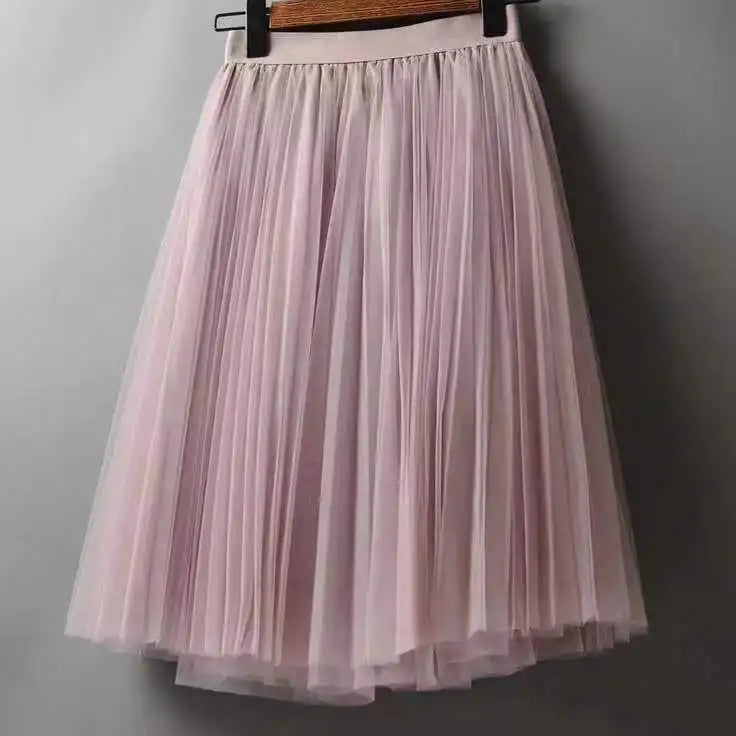 Women's Tulle Plain Pleated Skirt 2019 New Fashion Black Beige White Pink Grey Mesh Midi Skirt High Waist Woman Skirts 3 Layers Pink One Size