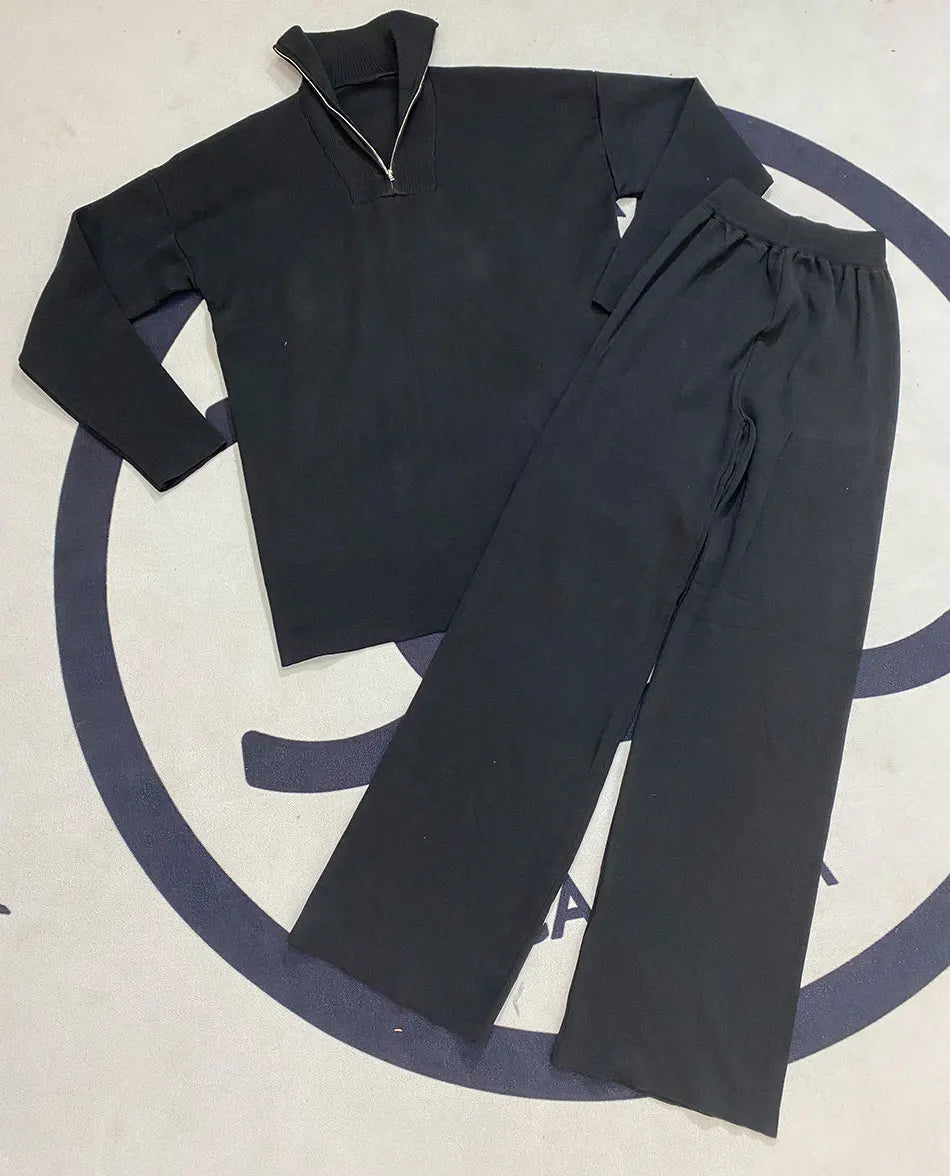 2024 Casual Autumn Loose Knit Sweater Set Fashion Zip Lapel Long Sleeve Pullover Sweater & Straight Pants Two-piece Set