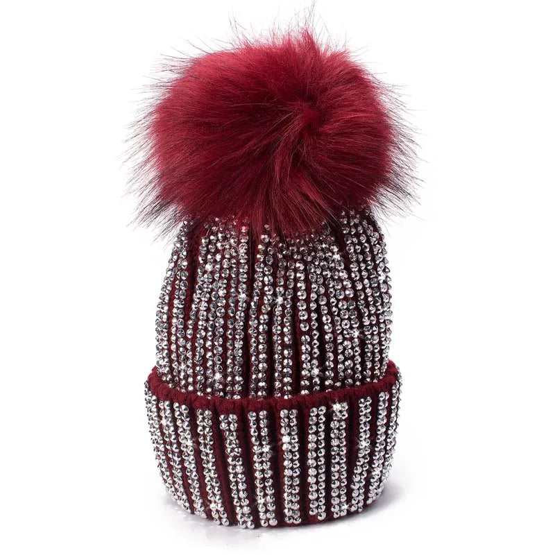 Winter Hats Faux Fur Pom Pom Rhinestone Bling Style Women Beanies Warm Knitted Skull Cap Wine