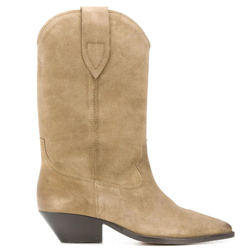 Nude Suede Embroidered Mid-Calf Boots Women Designer Shoes Thick Heel Pointed Toe Cowboy Boots for Women Knight Botas Femininas