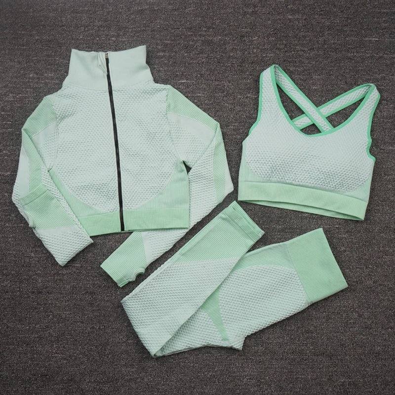 Seamless Women Yoga Sets Female Sport Gym Suits Wear Running Clothes Women Fitness Sport Yoga Suit Long Sleeve Yoga Clothing 3PcsSetNewGreen