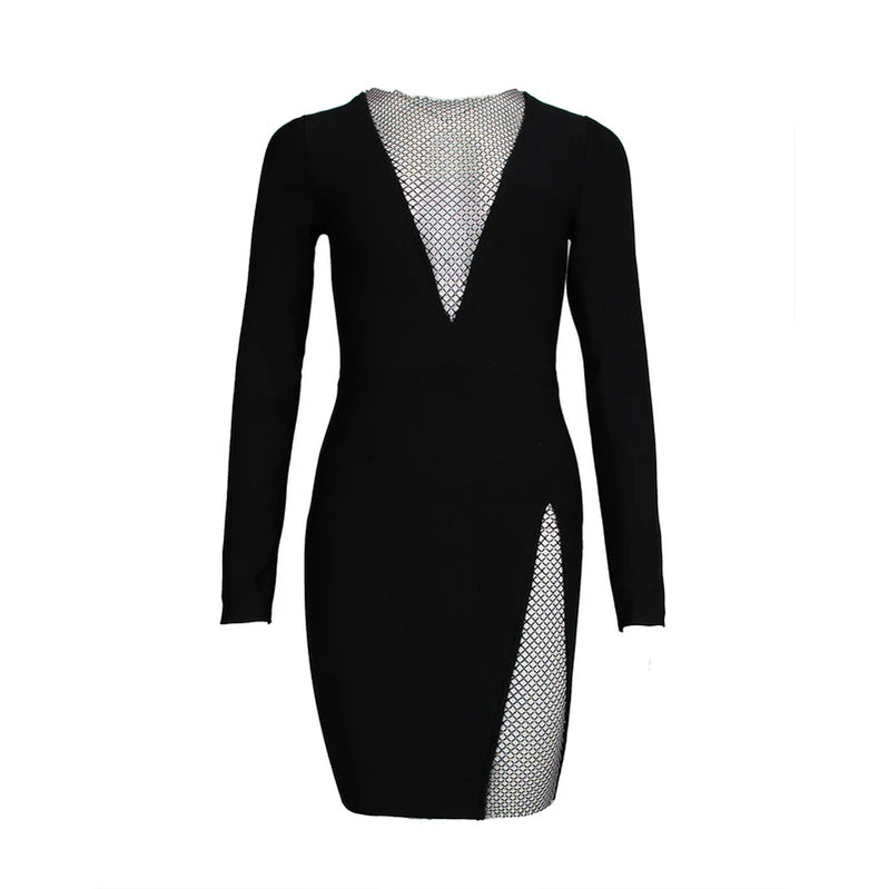 Vestido preto de inverno com contas pretas, manga longa, sexy, vazado, mini vestido de festa para celebridades, passarela