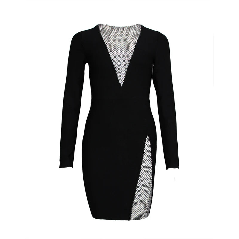 Vestido preto de inverno com contas pretas, manga longa, sexy, vazado, mini vestido de festa para celebridades, passarela