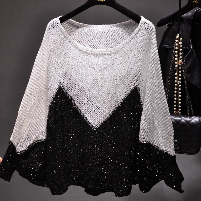 Yan Li Shinny Lurex Sweater Women Round Neck Long Jumper Casual Knit Pull Femme Pullover Bling Bling Sequin Sweater