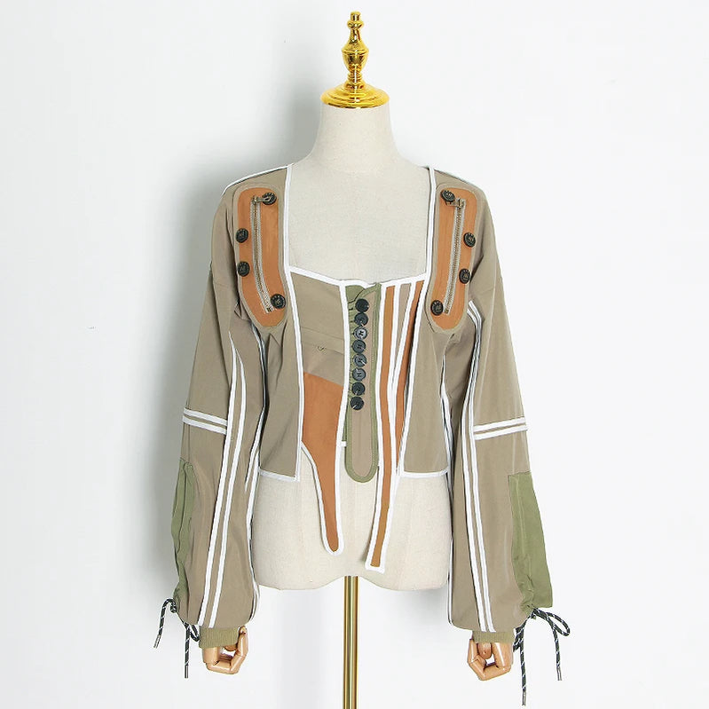 Casual Patchwork Hit Color Irregular Jacket Women Square Collar Lantern Long Sleeve Lace Up Female Coats Green