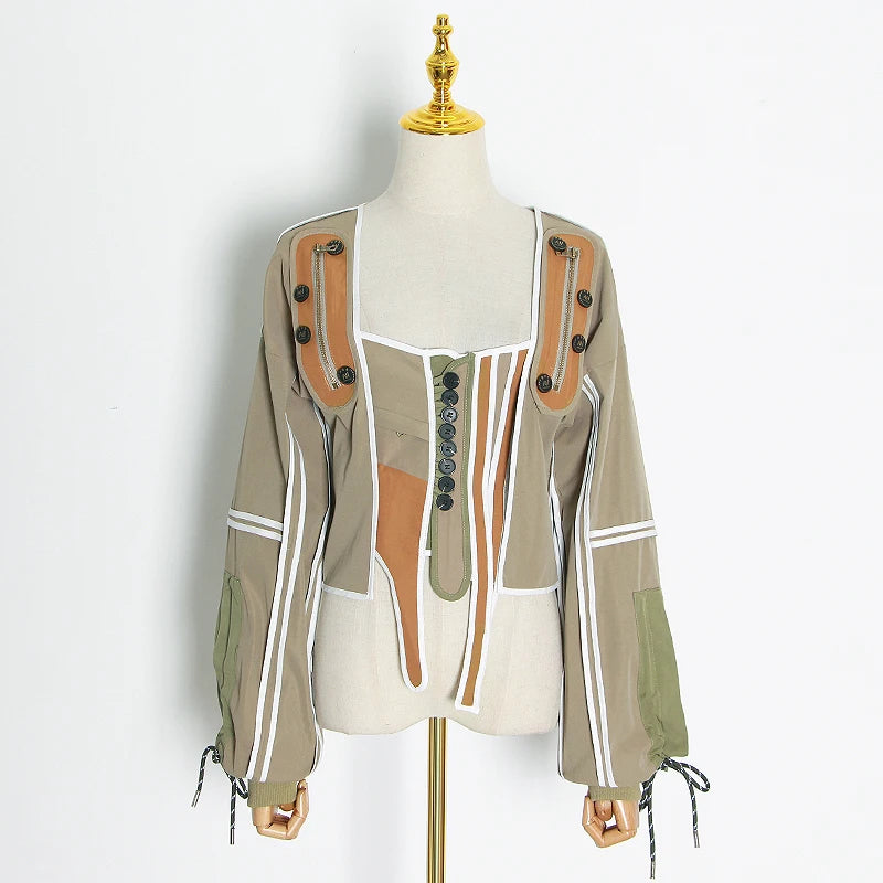 Casual Patchwork Hit Color Irregular Jacket Women Square Collar Lantern Long Sleeve Lace Up Female Coats Green