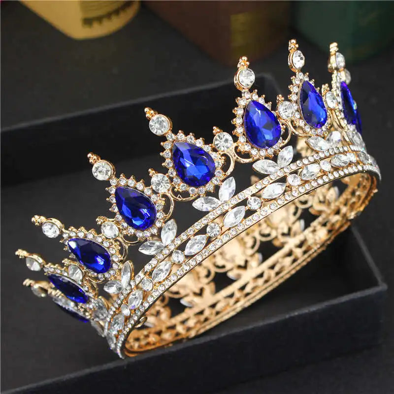 Crystal Queen King Tiaras and Crowns Bridal Diadem For Bride Women Headpiece Hair Ornaments Wedding Head Jewelry Accessories Gold Blue
