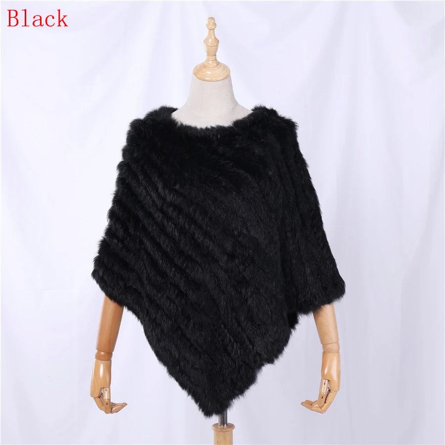 Rabbit Fur Knitted Natural Fur Poncho Fashion Wrap Coat Shawl Lady Scarf Natural Fur Wedding Party Wholesale Cape Black