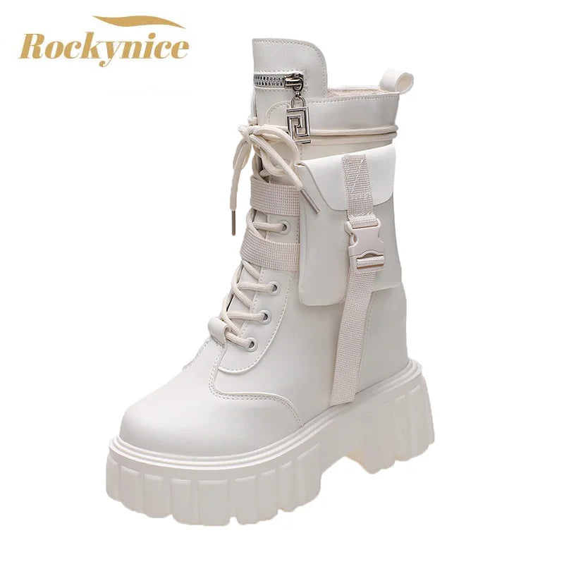 Winter Warm Ankle Boots for Women Leather Short Boots Round Toe High Platform Fur Motorcycle Boots Thick Heel Sneakers Shoe 10cm Beige