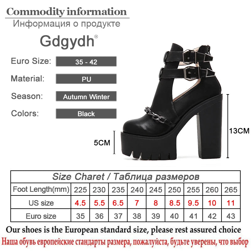 Spring Autumn Fashion Ankle Boots for Women High Heels Casual Cut-outs Buckle Round Toe Chain Thick Heels Platform Shoes