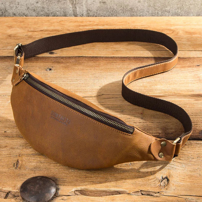 Men Waist Packs Leather Travel Fanny Pack For Male Multifunctional Waist Bag 6.7" phone Belt Bag Chest Bag Brown