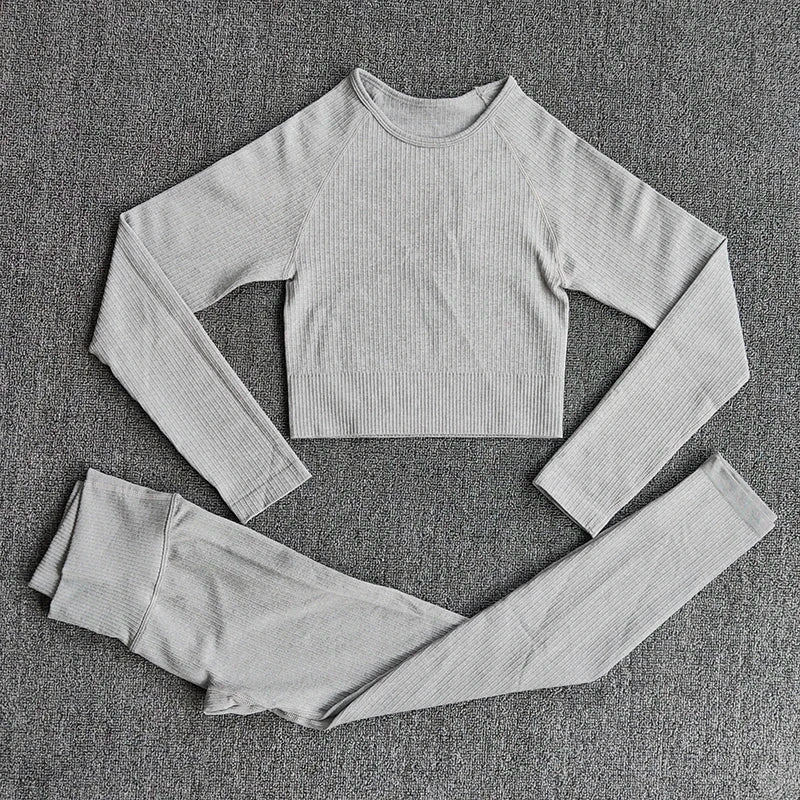 Women's Sportswear Yoga Set Workout Clothes Athletic Wear Sports Gym Legging Seamless Fitness Bra Crop Top Long Sleeve Yoga Suit ShirtsPantsGray