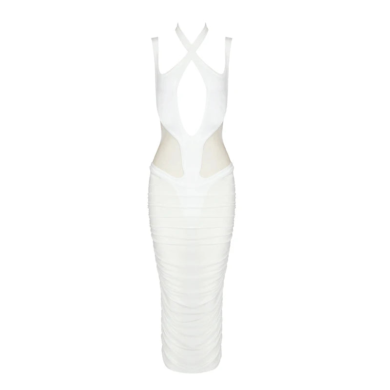VC Women Mid-length Dress Cross Hollow Design Sleeveless Halter Neck Draped Mesh Stitching Bandage