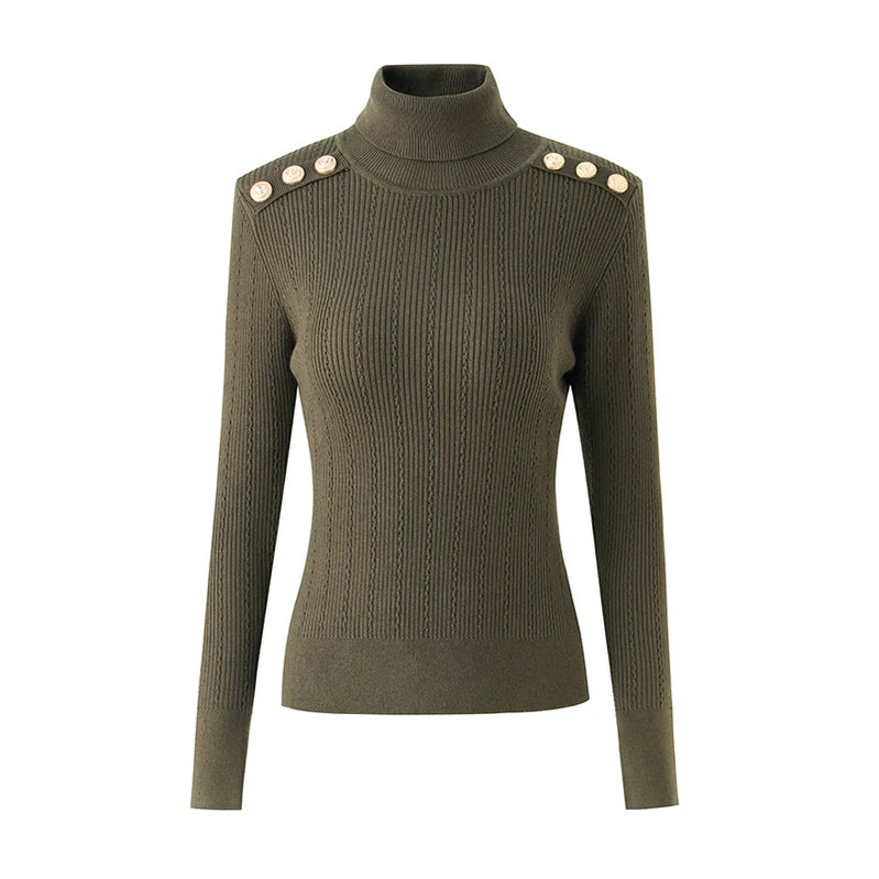 Classic Turtlenecks Pullovers Long Sleeve Gold Buckle Sweater Women Winter Fall Casual Elasticity Knitting Top