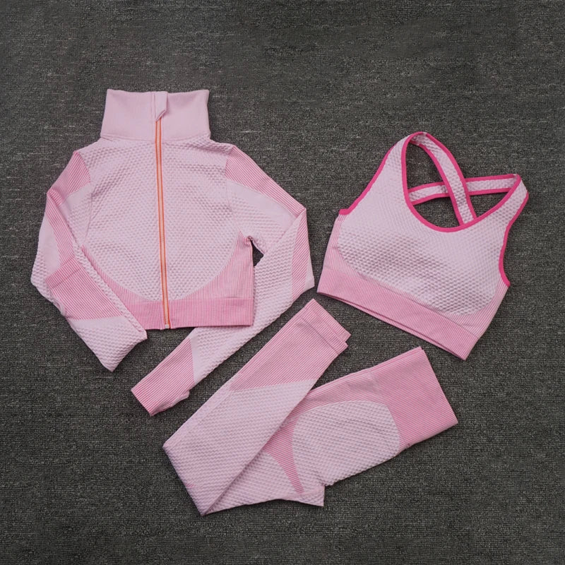 Seamless Women Yoga Sets Female Sport Gym Suits Wear Running Clothes Women Fitness Sport Yoga Suit Long Sleeve Yoga Clothing 3PcsSetDarkPink