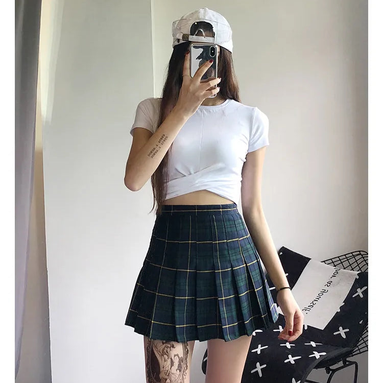 Vintage Red Plaid Pleated Skirt Women Y2k Mini High Waist Kawaii Skirt Female Summer College Style Tennis Short Skirts