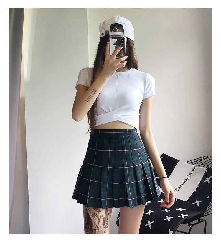 Vintage Red Plaid Pleated Skirt Women Y2k Mini High Waist Kawaii Skirt Female Summer College Style Tennis Short Skirts