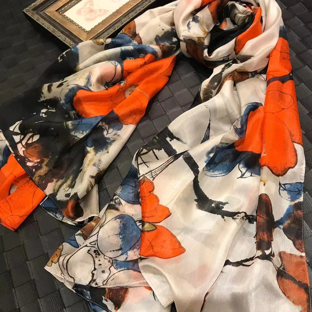 white100% Silk Scarf Women Scarves Bufandas Summer Beach Shawls Foulard Fall Winter Brand Flower Design Long Neck Scarves Hijabs beige red