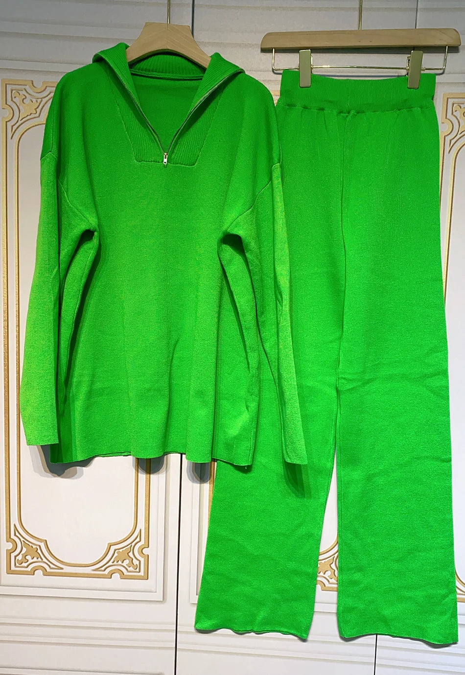 2024 Casual Autumn Loose Knit Sweater Set Fashion Zip Lapel Long Sleeve Pullover Sweater & Straight Pants Two-piece Set