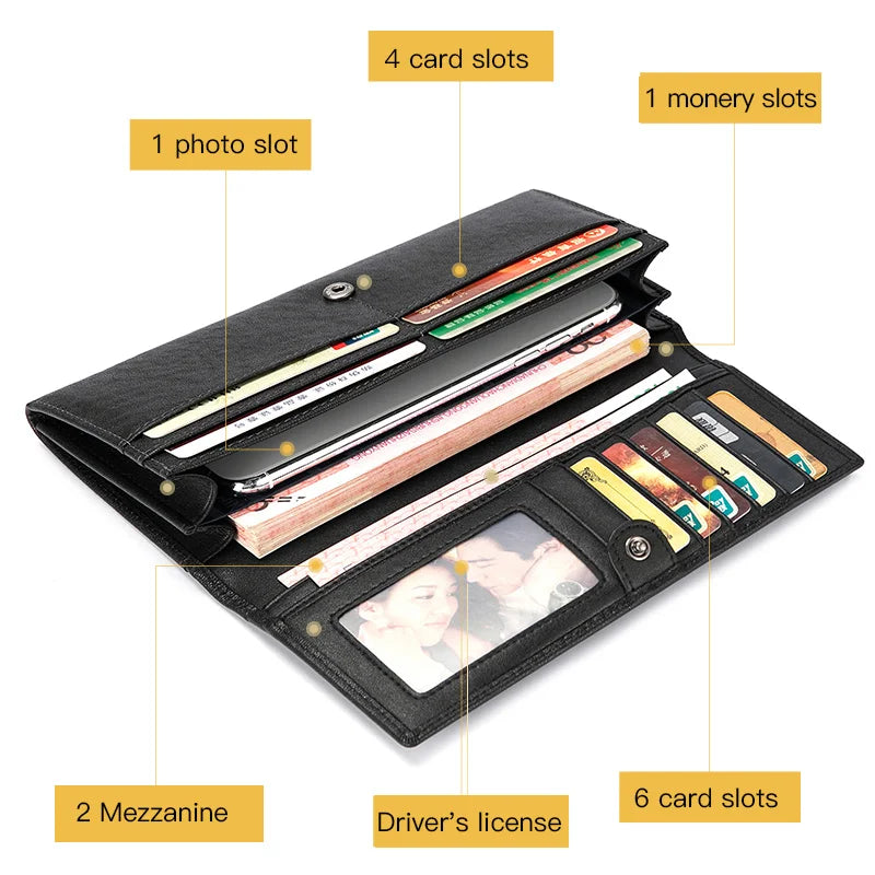 Vintage Long Wallet Genuine Leather New Designer Brand Luxury Cowhide Handbag Card Holder Men Women Purse Wallet