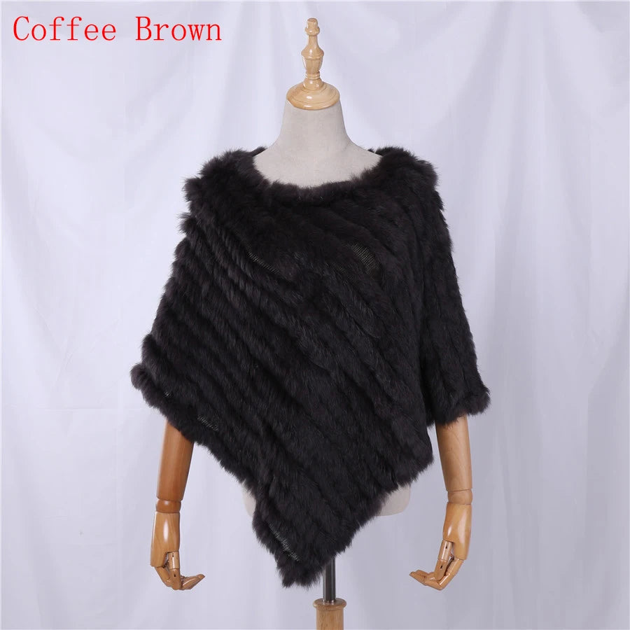 Rabbit Fur Knitted Natural Fur Poncho Fashion Wrap Coat Shawl Lady Scarf Natural Fur Wedding Party Wholesale Cape Coffee Brown