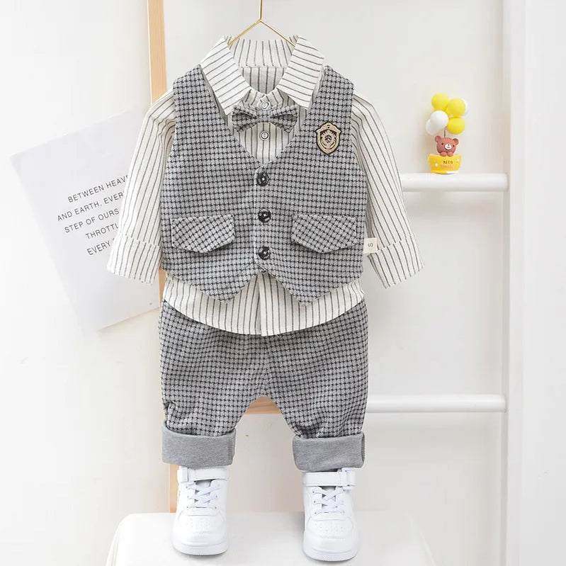 Children Kids Gentleman Clothing Suit Birthday Wedding Party Elegant Set Baby Boy Casual Wear Striped Shirt Vest Pants Costume Gray