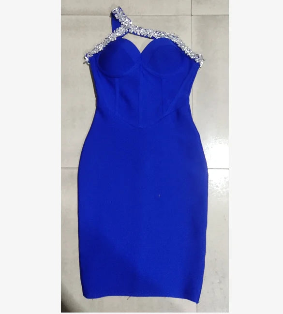 Red Blue Black One Shoulder Sparkly Beading Rayon Bandage Dress Elegant Cocktail Party Dress Vestidos