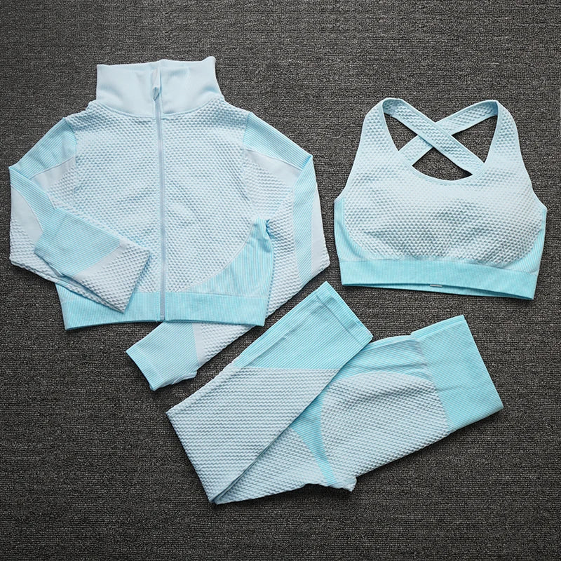 Seamless Women Yoga Sets Female Sport Gym Suits Wear Running Clothes Women Fitness Sport Yoga Suit Long Sleeve Yoga Clothing 3PcsSetSkyBlue