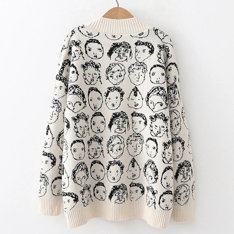 Autumn Winter New Comic V neck Cardigan Female Jacket Knitwear Sweater Coat Casual Knit Pull Femme Sweater For Women