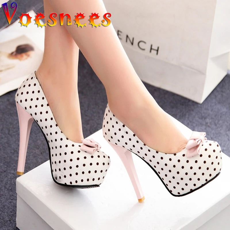 2021 Spring Autumn Women's Pumps Sweet Bow Polka Dot High-Heeled Single Shoes Round Toe Thin Heels Plus Size Women Shoes