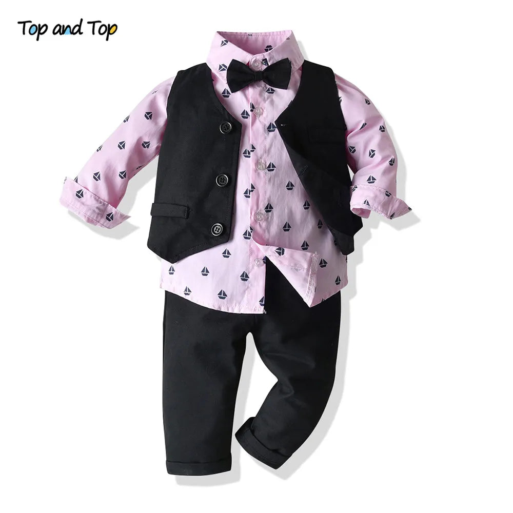 Top and Top Boys Gentleman Clothing Set Cotton Long Sleeve Bowtie Shirt+Waistcoat+Pants 3Pcs Suit Kids Boy Casual Clothes Set Pink