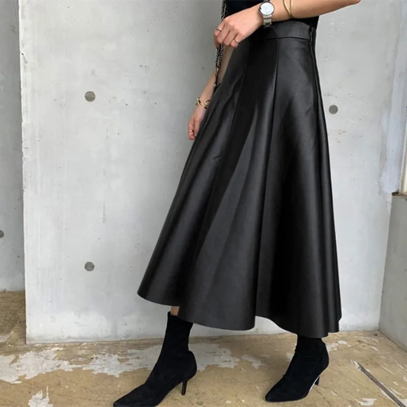 Neophil Chic Ladies Latex Flare Black Skirts Vintage Pu Faux Leather Ball Gown Long Skirt Thick Party A-Line Swing Faldas S21836