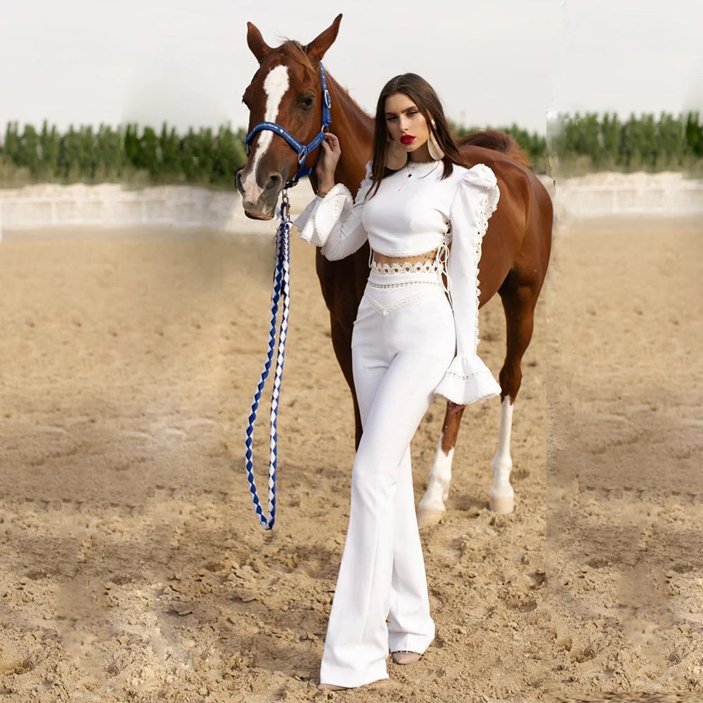 New Women's Bandage Sets Two Piece Set Fashion Wide Leg Long Pants Party Club Sexy Summer 2 Pieces Set Suits WHITE