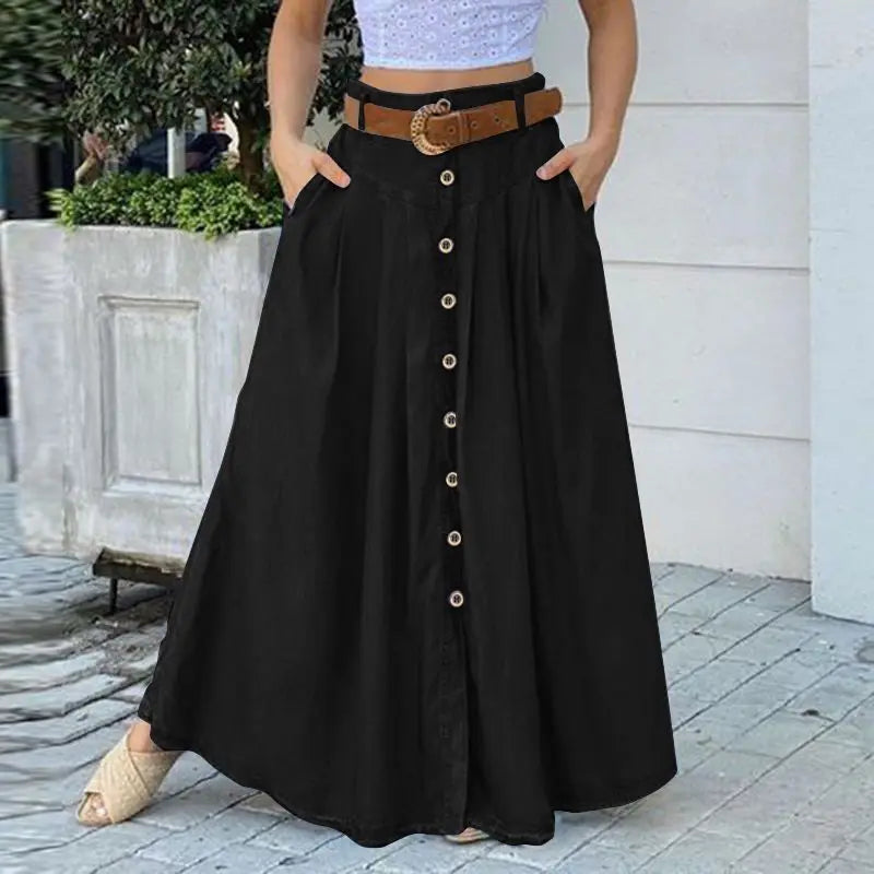 Fashion Button Maxi Skirts Women Summer Sundress Casual High Waist Long Vestidos Female Solid Robe Femme black