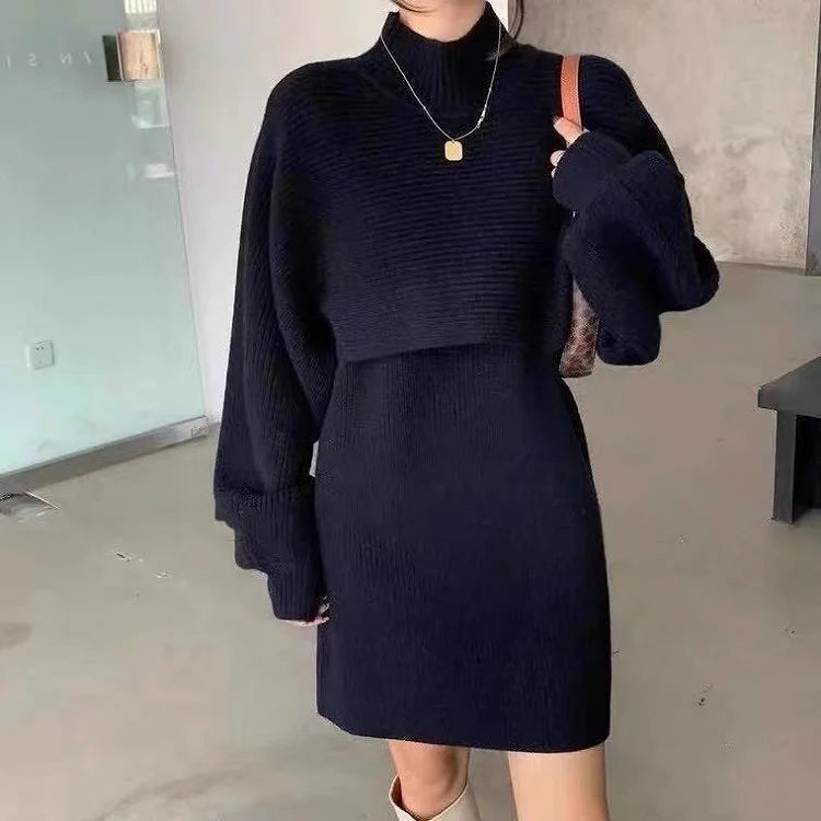 FIGOHR Thick Plain Knitted Dress Sets Women's Elegant Sweaters Lantern Sleeve Shawl and Dress 2 Pieces Outfits Autumn Winter Black One Size