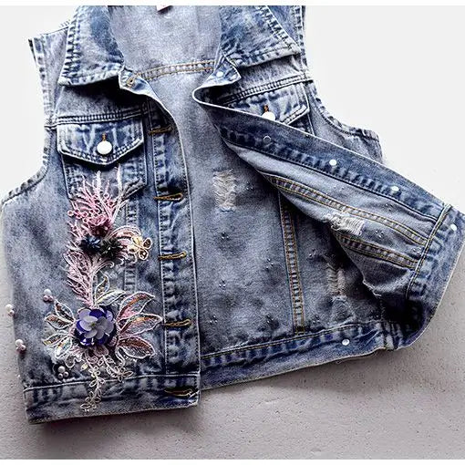 Student Vest Slim Short Jacket Embroidery Flowers Sleeveless Denim Vest Women's Beaded Waistcoat Hole Jeans Vest Coat Girl