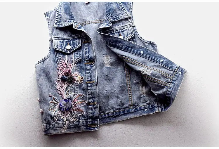 Student Vest Slim Short Jacket Embroidery Flowers Sleeveless Denim Vest Women's Beaded Waistcoat Hole Jeans Vest Coat Girl