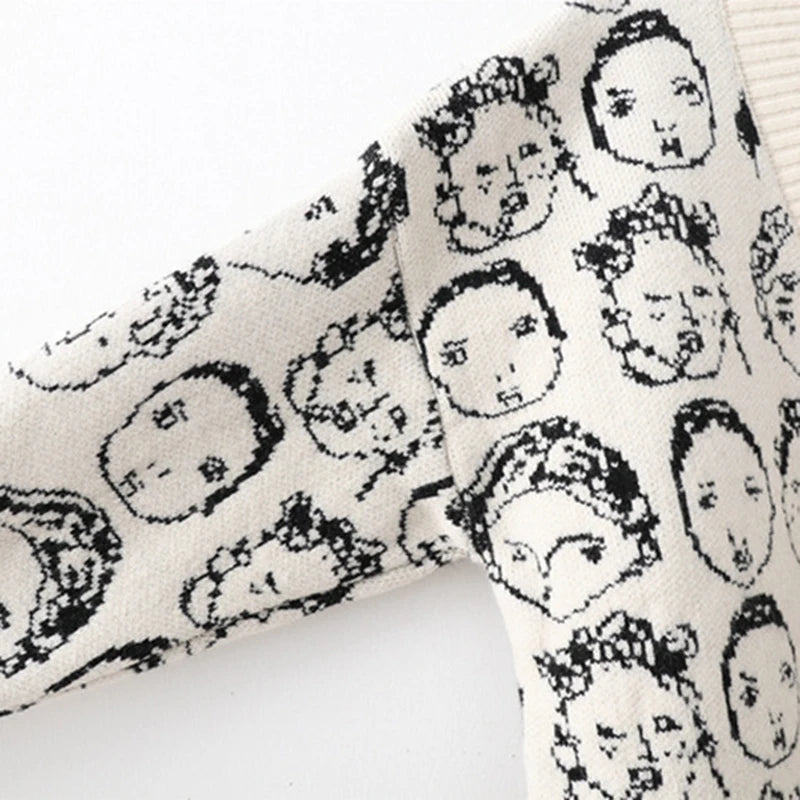 Autumn Winter New Comic V neck Cardigan Female Jacket Knitwear Sweater Coat Casual Knit Pull Femme Sweater For Women