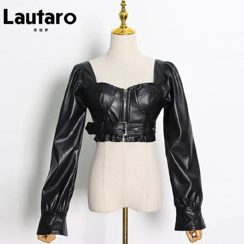 Y2k Black Faux Leather Crop Top Women Square Neck Long Sleeve Zipper Cropped Jacket 2021 Sexy Backless Fashion 5xl 6xl