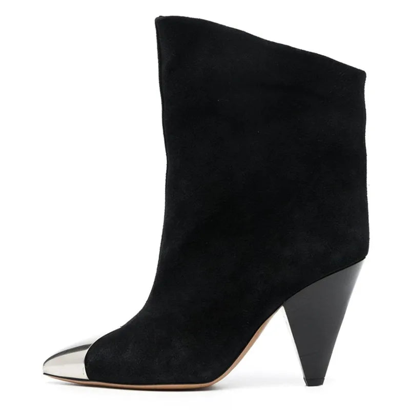 Women Ankle Boots Autumn Winter New High Heel Cowhide Pointed Toe Fashion Ladies Shoes Spike Heels Iron-toed Sexy Botines Mujer Black nubuck leather