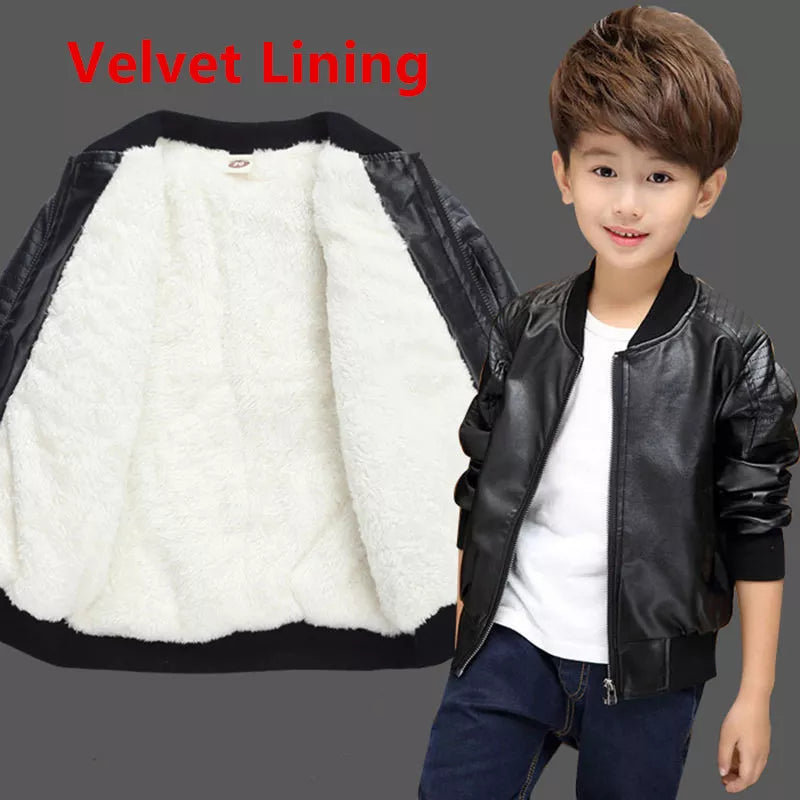 Boys Coats Autumn Winter Fashion Children's Plus Velvet / No Velvet Two styles Warming Cotton PU Leather Jacket For 1-11Y Kids Velvet Black