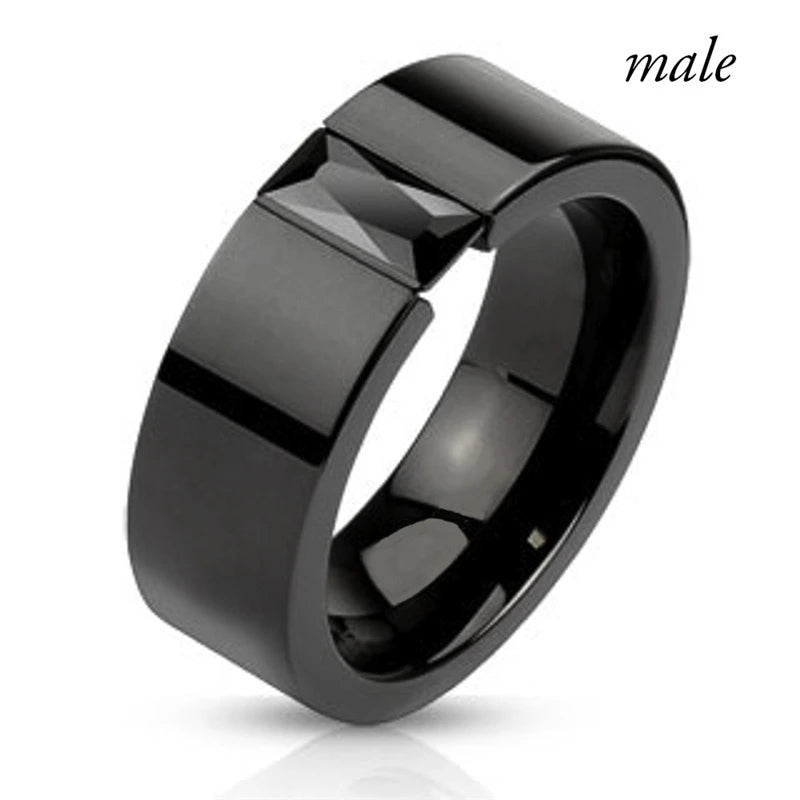 Fashion Couple Jewelry Lovers Rings Women's Black Zircon Engagement Ring Set Men's Stainless Steel Wedding Band Anniversary Gift Male