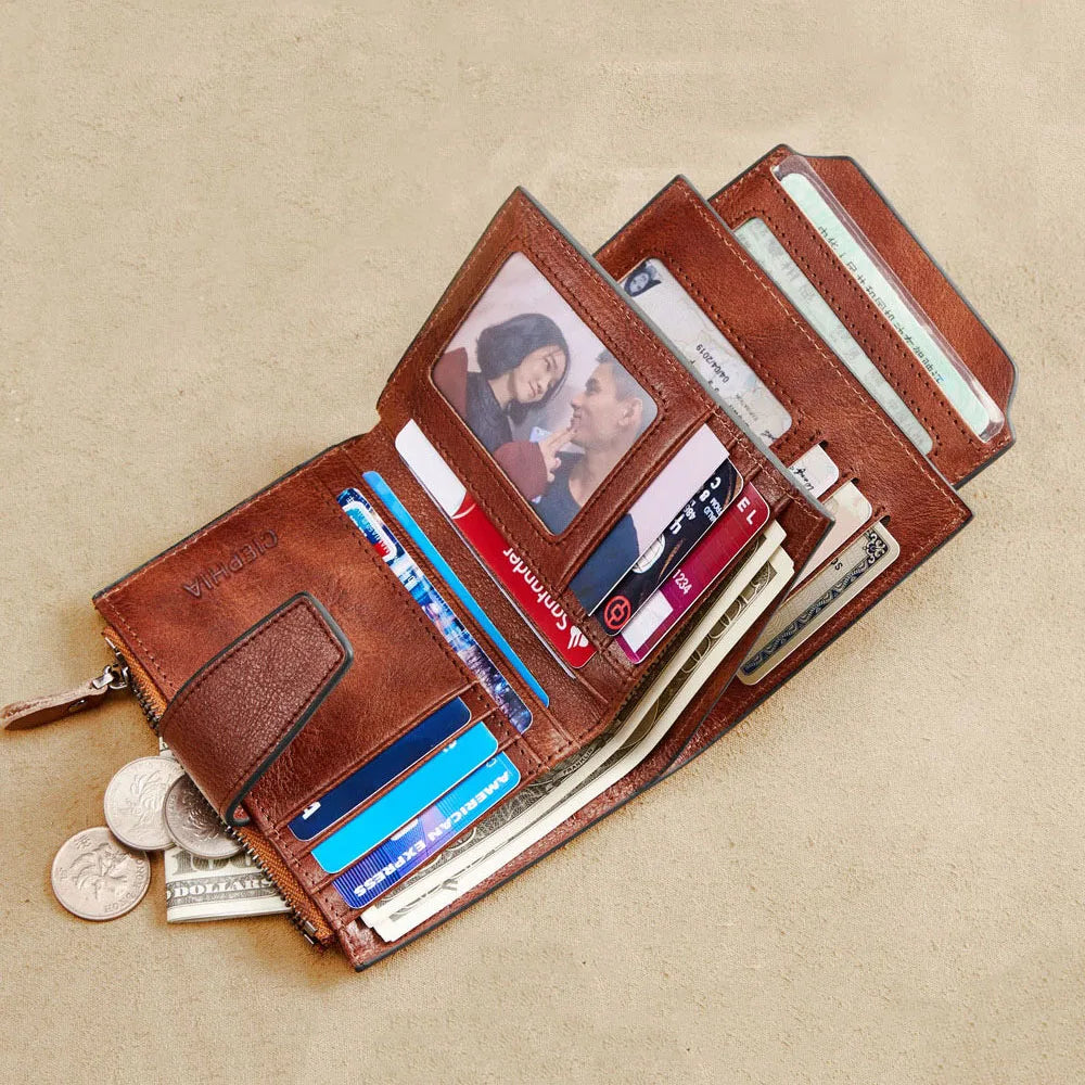 Men's Leather Wallet Vintage Short Multi Function Business Card Holder RFID Blocking Zipper Coin Pocket Money Clip