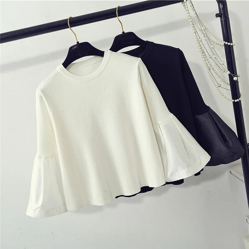 spring cute loose sweater womens fashion korean knitted shirts flare sleeve striped stitch pullovers women tops blusa pull