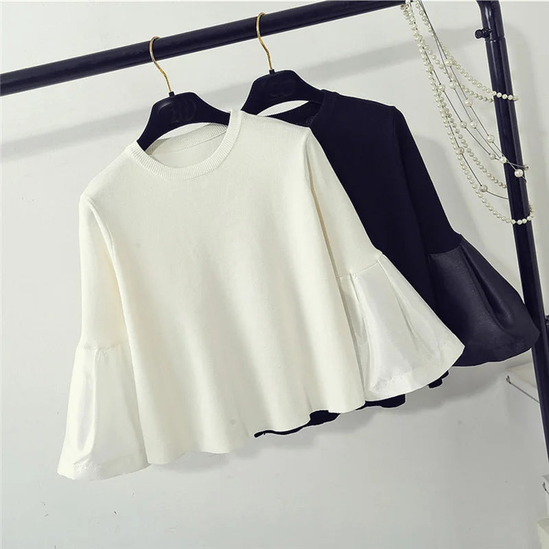 spring cute loose sweater womens fashion korean knitted shirts flare sleeve striped stitch pullovers women tops blusa pull
