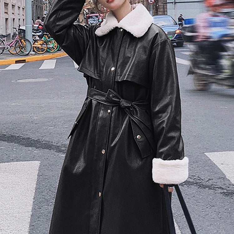 Winter Long Warm Thick Leather Trench Coat for Women with Faux Fur Inside Belt Loose Korean Fashion 2021 Fur Lined Parka